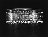 Goblet, Colorless (slightly grayish tan) nonlead glass. Blown, pattern molded, enameled, gilt., Italian (Venice)