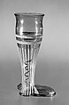 Boot glass, Colorless (slightly tan) and opaque white nonlead glass. Blown, "vetro a retorti", trailed, applied and impressed parts, gilt., Venetian or façon de Venise, probably south Lowlands or Germany