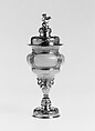 Covered goblet, Colorless (slightly gray) and opaque white nonlead glass. Blown, 