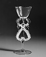 Goblet, Bubbly colorless (very faint gray), opaque white, and transparent turquoise blue nonlead glass. Blown, trailed, pincered, 