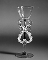 Goblet, Bubbly colorless (very faint gray), opaque white, and transparent turquoise blue nonlead glass. Blown, trailed, pincered, 