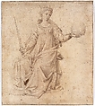 Justice, Follower of Fra Angelico (Guido di Pietro) (Italian, Vicchio di Mugello ca. 1395–1455 Rome), Pen and brown ink, brush and brown wash (the blade of the sword in pen and darker brown ink)