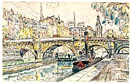 Tugboat at the Pont Neuf, Paris, Paul Signac (French, Paris 1863–1935 Paris), Watercolor and black crayon