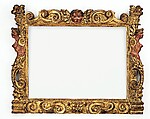 Sansovino-style frame, Pine. Carved, gilt; dark mauve bole, thin gesso, dragon's blood and think green glazes., Florence