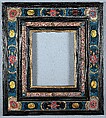 Cassetta frame, Poplar back frame with applied ebonized pearwood upper moldings; glass. Half-lapped back frame. Sight edge: oil gilt. Friezes: verre églomisé, or reverse-painted glass, held in with bronze-colored ripple moldings and gilt-bronze panel ends, and painted to resemble stone mosaic., Italian, Rome