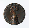 Portrait medal of Cecilia Gonzaga (obverse); Innocence and a Unicorn in a Moonlit Landscape (reverse), Pisanello (Antonio Pisano) (Italian, Pisa or Verona by 1395–1455), Bronze (copper alloy with warm brown patina under a worn layer of black wax)