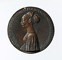 Portrait medal of Cecilia Gonzaga (obverse); Innocence and a Unicorn in a Moonlit Landscape (reverse), Pisanello (Antonio Pisano) (Italian, Pisa or Verona by 1395–1455), Bronze (copper alloy with warm brown patina under a worn layer of black wax)