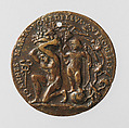 Portrait medal of an Unknown Lady (obverse); A Kneeling Man with a Basket of Fruit, Cupid, and the Caduceus of Mercury (reverse), Giovanni Maria Pomedelli (Italian, Villafranca di Verona 1478–1537), Bronze (copper alloy with a light brown
patina under a worn reddish brown layer of wax or lacquer)
