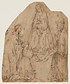 The Madonna and Child with a Female Martyr Saint, a Bishop Saint, and a Female Donor, Veronese School, workshop of Stefano da Verona (Stefano di Giovanni d'Arbosio di Francia) (Italian, Paris or Pavia ca. 1374/75–after 1438 Verona), Pen and dark brown ink, brush and gray ink.