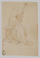 Seated Female Figure with Upraised Arms, Facing Right, Veronese School (mid-fifteenth century), Pen and brown ink, over traces of black chalk, Italian, Verona