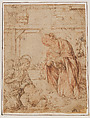 The Madonna Adoring the Child, with an Angel, Lorenzo di Credi (Lorenzo d'Andrea d'Oderigo)  Italian, Pen and brown ink, traces of white, over red chalk underdrawing of the Madonna.