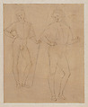 Two Studies of a Standing Youth in Quattrocento Clothing (recto); a cardinal's hat on a fragmentary coat of arms with a griffin (the arms of the city of Perugia) (verso), Workshop of Perugino (Pietro di Cristoforo Vannucci) (Italian, Città della Pieve, active by 1469–died 1523 Fontignano), Metalpoint on pinkish prepared paper; retouched by a later hand in pencil, particularly the figure at the right (recto); black chalk, over dots obtained by the pouncing of a model; partly retouched with brush and brown ink (verso)