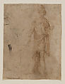 A Young Man in Armor, Facing Front, Attributed to Arcangelo di Cola da Camerino (Italian, born Macerata(?), active 1416–29), Pen and brown ink, brown wash; various markings in black chalk probably by a later hand.