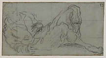 Reclining Male Figure, Jacopo Tintoretto (Jacopo Robusti) (Italian, Venice 1518/19–1594 Venice), Black chalk on blue paper; squared in black chalk.