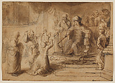 The Judgment of Solomon, Constantijn Daniel van Renesse (Maarsen 1626–Eindhoven 1680), Pen and brush and brown ink, brown wash, over black chalk, with traces of corrections in white.