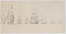 A Dutch Fleet Under Sail at Sea in a Light Breeze, Willem van de Velde I (Dutch, Leiden 1611–1693 London), Pencil and gray wash on two sheets of paper joined 11.5 cm. from the left.