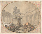 Equestrian Statue of Marcus Aurelius, Hubert Robert (French, Paris 1733–1808 Paris), Pen and black ink, brush and gray and brown wash, pale rose watercolor and white heightening over black chalk.