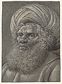 Head of a Bearded Man Wearing a Turban (recto); Latin script (verso), Master of the Death of Absalom (?) (active. ca. 1490-1510), Brush and black brown ink heightened with white gouache on slate gray prepared paper.