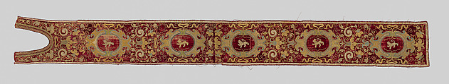 Two Orphrey Sections made into a Hanging or Cover, Silk; metal; hemp plain weave, Spanish