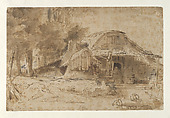 Cottage near the Entrance to a Wood, Rembrandt (Rembrandt van Rijn) (Dutch, Leiden 1606–1669 Amsterdam), Pen and inks ranging from light to dark brown, brown washes, corrected in white (oxidized, partially abraded), and touches of red chalk (in added structures to the left of the main cottage).