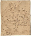 Madonna and Child with the Young Saint John the Baptist and a Donor, Workshop of Cambiaso (1527–1585), Pen and brown ink, brown wash, over graphite underdrawing, Italian
