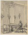 A Venetian Interior, with a Young Man Seated by the Fire, Canaletto (Giovanni Antonio Canal) (Italian, Venice 1697–1768 Venice), Pen and black ink, gray wash
