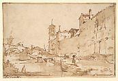 A Venetian Capriccio: A Rio Leading to a Bridge, Francesco Guardi (Italian, Venice 1712–1793 Venice), Pen and brown ink, brown wash