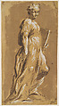 Allegorical Figure of a Woman, Pietro Antonio Novelli (Italian, Venice 1729–1804 Venice), Pen and light brown wash, heightened with white, on paper covered with light brown wash