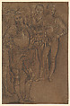 Group of Warriors Standing, Circle of Perugino (Pietro di Cristoforo Vannucci) (Italian, Città della Pieve, active by 1469–died 1523 Fontignano), Tip of the brush and black ink, black wash, traces of black chalk, heightened with white, on dark brown tinted paper.