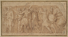 Frieze with Male Figures and Two Horses, After Polidoro da Caravaggio (Italian, Caravaggio ca. 1499–ca. 1543 Messina), Pen and brown ink, brown wash.