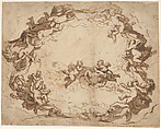 A Glory of Angels, Luca Giordano (Italian, Naples 1634–1705 Naples), Pen and brown ink, brown wash, over black chalk sketch.