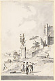 Capriccio with a Statue of a Warrior and a Ruined Castle on the Shore of the Lagoon, Giacomo Guardi (Italian, Venice (?) 1764–1835 Venice (?)), Pen and brown ink, gray wash