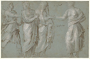 A Winged Figure, two Women, and a Man, Biagio Pupini (Italian, born Bologna, active 1511–51) (?), Pen and brown ink, brush and brown and gray wash, heightened with white on blue paper.