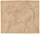 Two Nymphs Carrying a Third, Francesco Primaticcio (Italian, Bologna 1504/5–1570 Paris), Pen and brown ink, brown wash, traces of white corrections.  Black chalk shading probably added by a later hand.