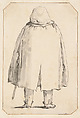 Caricature of a Man in a Voluminous Cloak, Carrying a Walking Stick, Seen from Behind, Giovanni Battista Tiepolo (Italian, Venice 1696–1770 Madrid), Pen and dark brown ink, brown wash