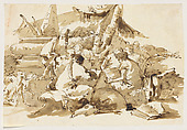 Philosophers Instructing Pupils by an Antique Sarcophagus, Lorenzo Baldiserra Tiepolo (Venice 1736–Madrid 1776), Pen and brown ink, brown wash, over black chalk