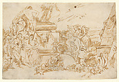 Figures in Antique Dress Grouped About a Pagan Tomb, Lorenzo Baldiserra Tiepolo (Venice 1736–Madrid 1776), Pen and brown ink, over rough black chalk