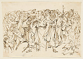 A Crowd of Ancient Warriors, Orientals, and Two Boys, Gathering for a Sacrifice, Giovanni Domenico Tiepolo (Italian, Venice 1727–1804 Venice), Pen and brown ink
