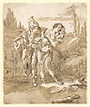 Rinaldo Persuaded by Ubaldo and Guelfo to Abandon Armida, Giovanni Domenico Tiepolo (Italian, Venice 1727–1804 Venice), Pen and brown ink, brown wash, over black chalk