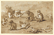 Eight Monkeys, a Dead Goose, and a Cormorant, Giovanni Domenico Tiepolo (Italian, Venice 1727–1804 Venice), Pen and brown ink, brown wash, over black chalk