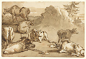 Cattle in a Landscape, Giovanni Domenico Tiepolo (Italian, Venice 1727–1804 Venice), Pen and brown ink, brown wash, over black chalk