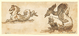 A Sea Horse and a Dolphin, Giovanni Domenico Tiepolo (Italian, Venice 1727–1804 Venice), Pen and brown ink, brown wash, over traces of black chalk