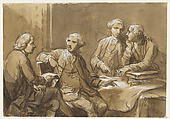 Four Connoisseurs Seated at a Table, Antonio Zucchi (Italian, Venice 1726–1796 Rome), Pen and brown ink, brown wash, with white heightening