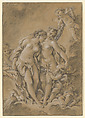 Nymphs and Cupids, François Boucher (French, Paris 1703–1770 Paris), Black and white chalk, partially stumped, on tan paper.