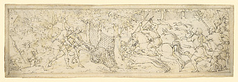 Wolf hunt, Etienne Delaune (French, Orléans 1518/19–1583 Strasbourg), Pen and black, dark gray, and gray brown ink, and (between the pen lines of the illusionistic frame) brush and gray ink, on vellum.
