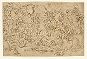 Battle of Horsemen and Foot Soldiers, Attributed to Guglielmo della Porta (Italian, Porlezza, near Lake Lugano ca. 1500–1577 Rome), Pen and dark and light brown ink.