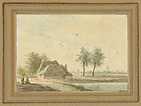 Cottage with a Distant Village, Possibly French, Pen and grayish brown ink, brush and washes in blue, green, grayish brown and pink; original framing line in gray., French or Dutch
