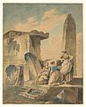 Three Young Girls by Ruins, copy after Hubert Robert (French, Paris 1733–1808 Paris), Pen and black ink, brush and gray wash, and pink, blue, moss green, and pale gold watercolor.