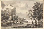 River Landscape with Rocky Cliffs, Roelant Roghman (Dutch, Amsterdam 1627–1692 Amsterdam), Pen and brush and washes in tints of brown and gray ink over black chalk; framing line in pen and brown ink probably by the artist.