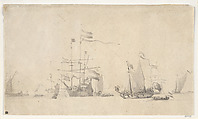 Dutch Ships at Anchor with a Yacht Lying Head to the Wind, Willem van de Velde II (Dutch, Leiden 1633–1707 London), Pencil and brush and gray ink and gray wash.
